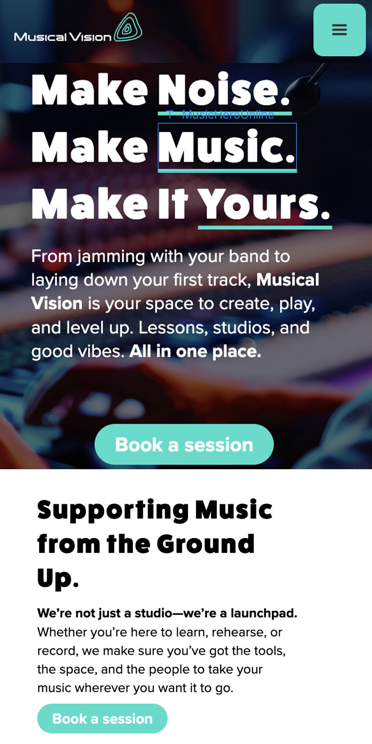 Musical Vision concept homepage on mobile